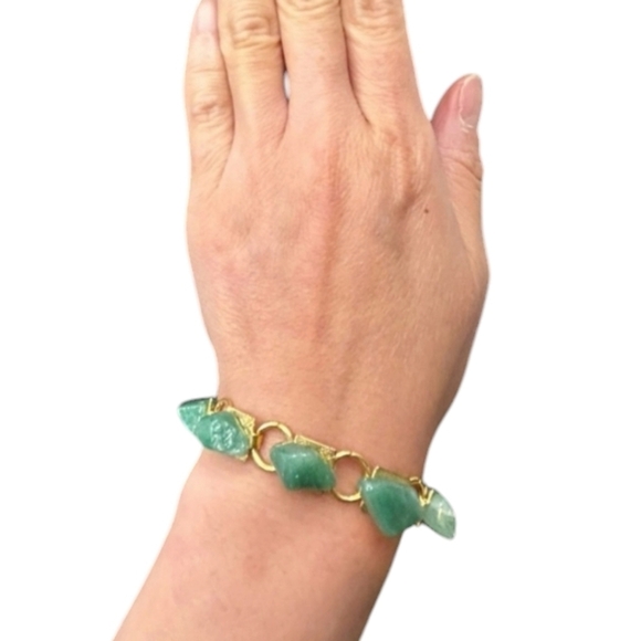 Vtg Japan Gold tone Green Aventurine Chip SemiPrecious Gemstone Link Bracelet - Picture 6 of 7